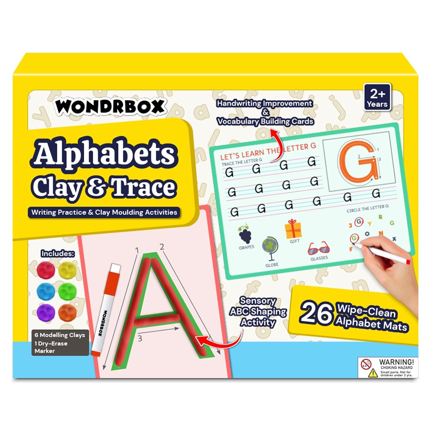 WONDRBOX Alphabet Clay and Trace Kit - 26 Reusable Wipe-Clean Letter Learning Mats with 6 Modelling Clays & Dry-Erase Marker