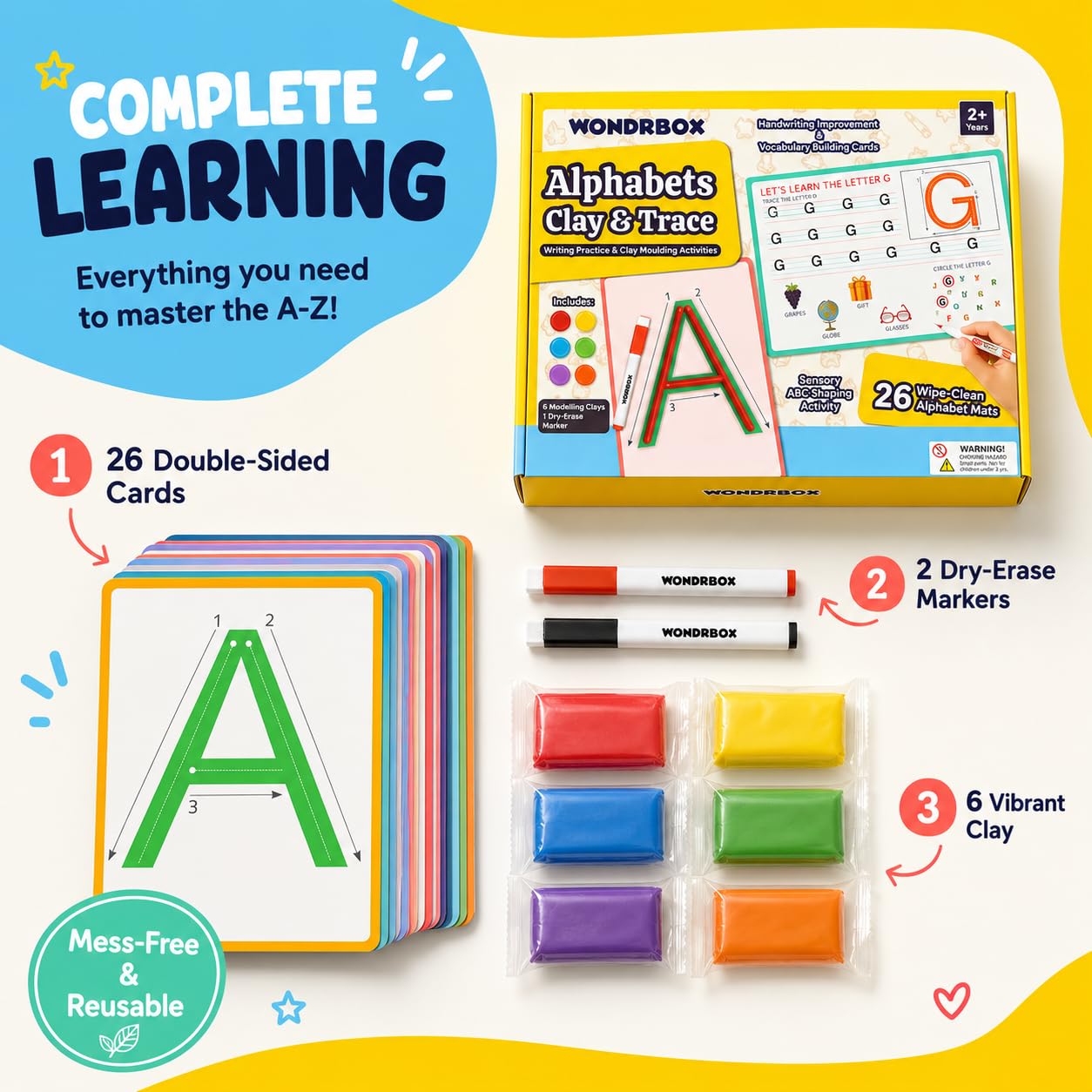 WONDRBOX Alphabet Clay and Trace Kit - 26 Reusable Wipe-Clean Letter Learning Mats with 6 Modelling Clays & Dry-Erase Marker