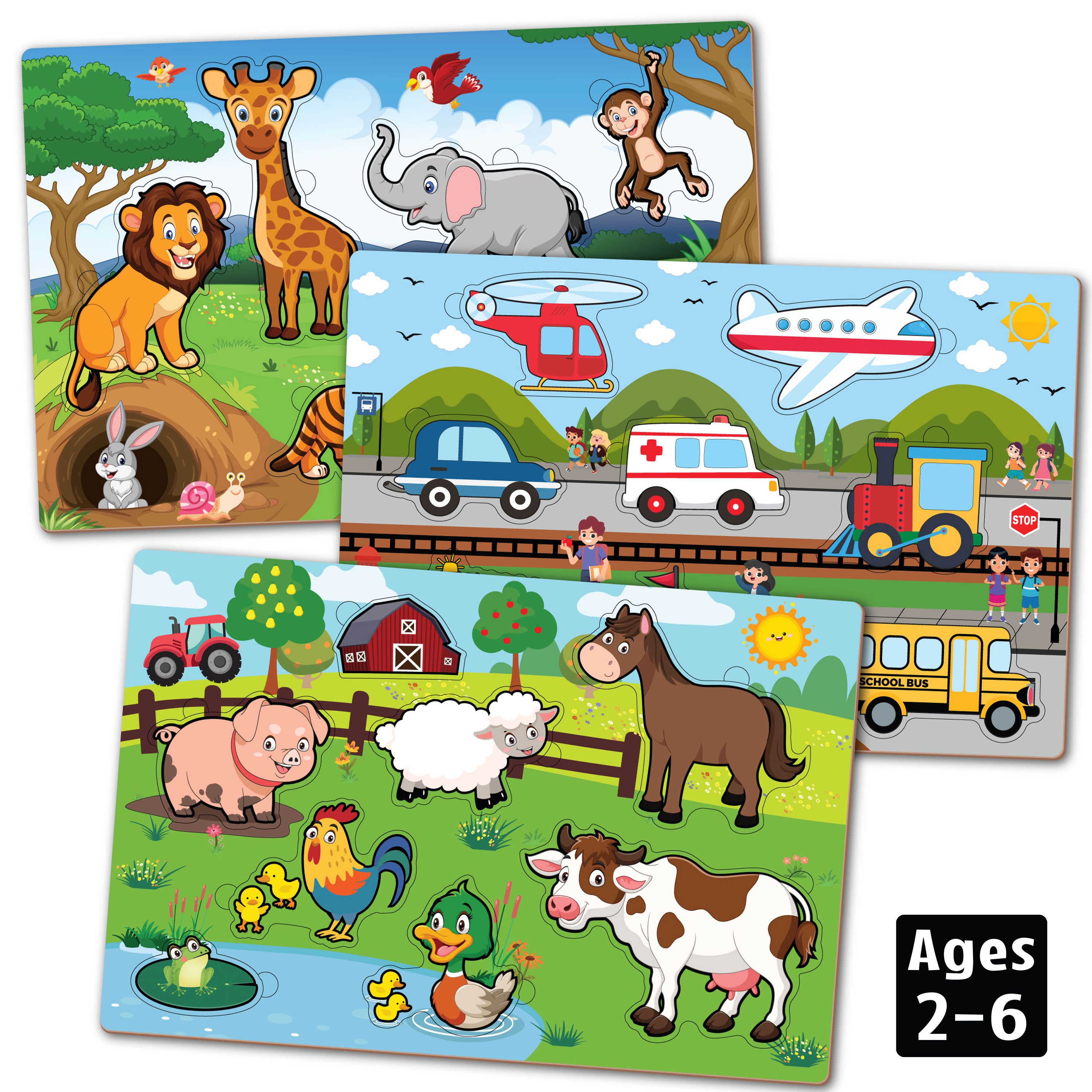 Transport, Farm Animals, Wild Animals, Wooden Puzzle (3 Puzzles Set), Age 2+