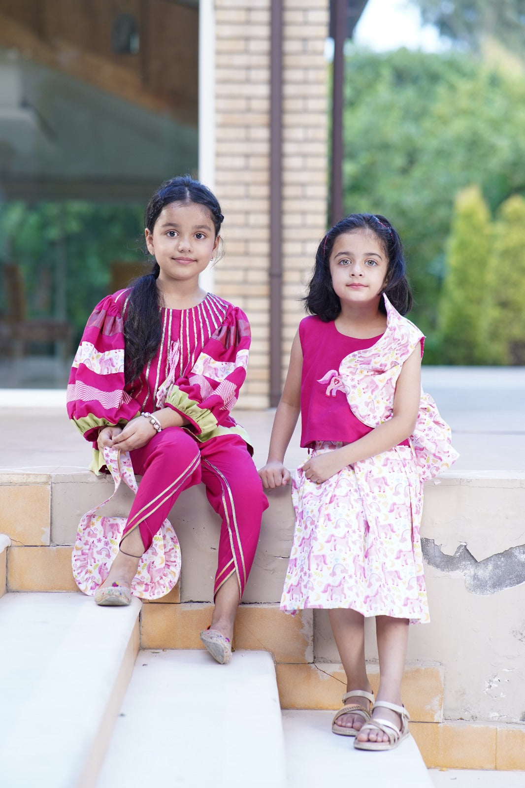 Pre Order: Unicorn Printed Asymmetric Pure Cotton Pink Top And Skirt