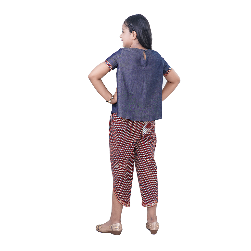 Pre Order: Denim Blue Printed Peplum Pure Cotton Kurti And Dhoti