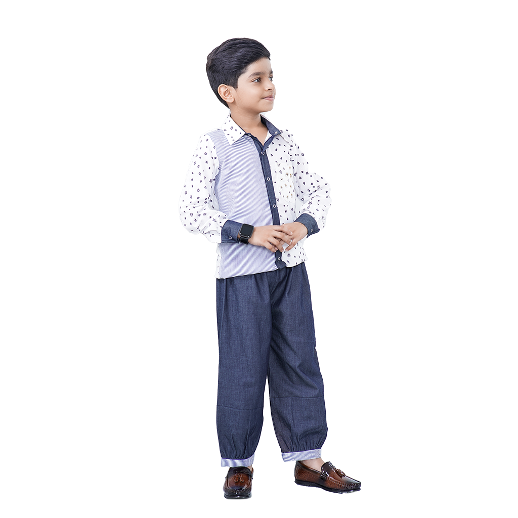 Pre Order: Star Printed Blue Pure Cotton Shirt and Blue Denim Pant