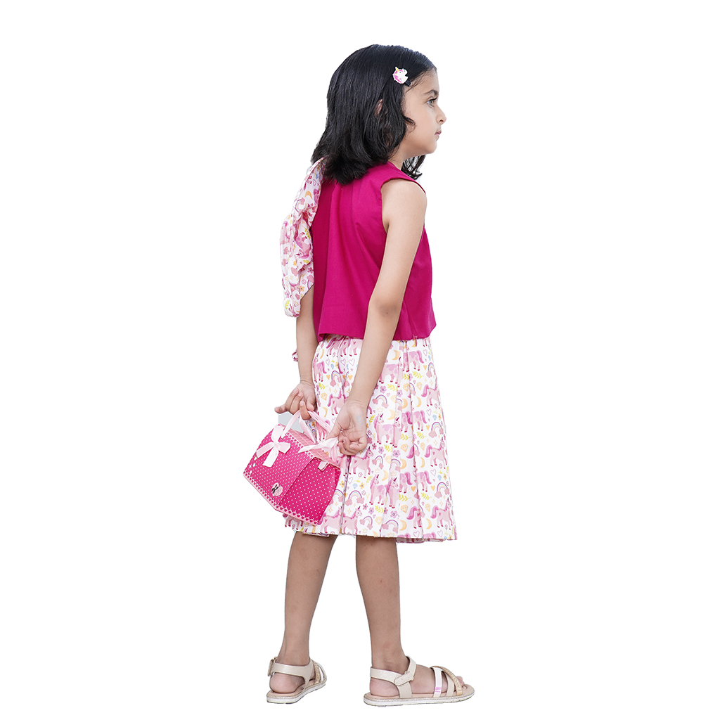 Pre Order: Unicorn Printed Asymmetric Pure Cotton Pink Top And Skirt