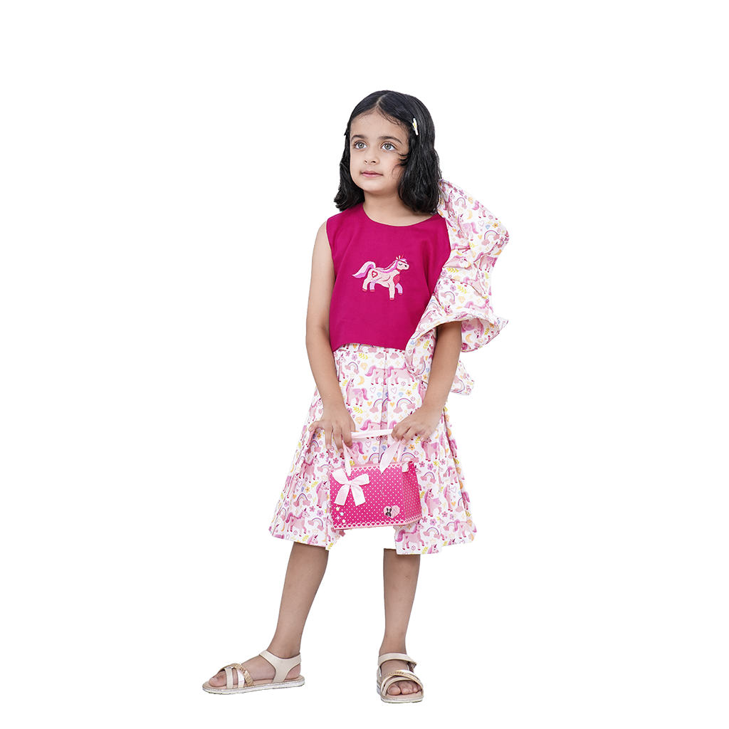 Pre Order: Unicorn Printed Asymmetric Pure Cotton Pink Top And Skirt