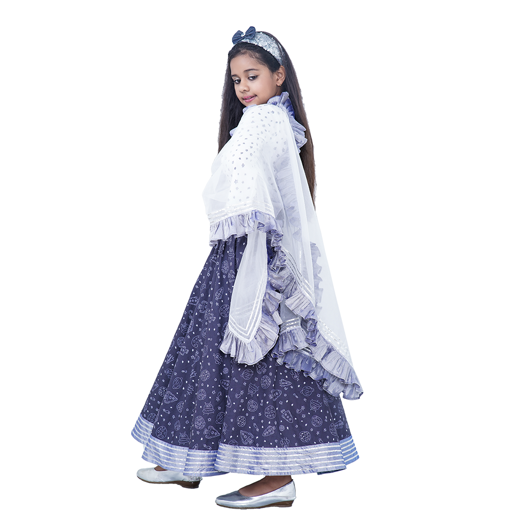 Pre Order: Star Printed White Cotton Top And Planets printed Lehenga With Matching Organza Dupatta And Sequin Hairband