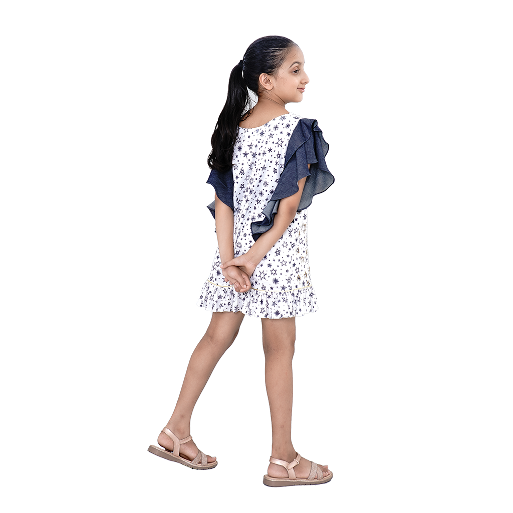 Pre Order: Sequins And Blue Star Embellished Pure Cotton Frock