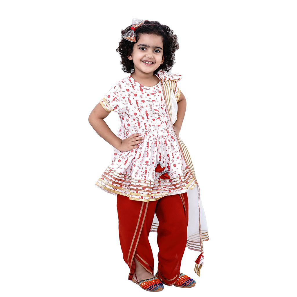 Pre Order: Sea Horse Printed Pure Cotton Angarkha Top With Orange Dhoti and Matching Organza Duppata