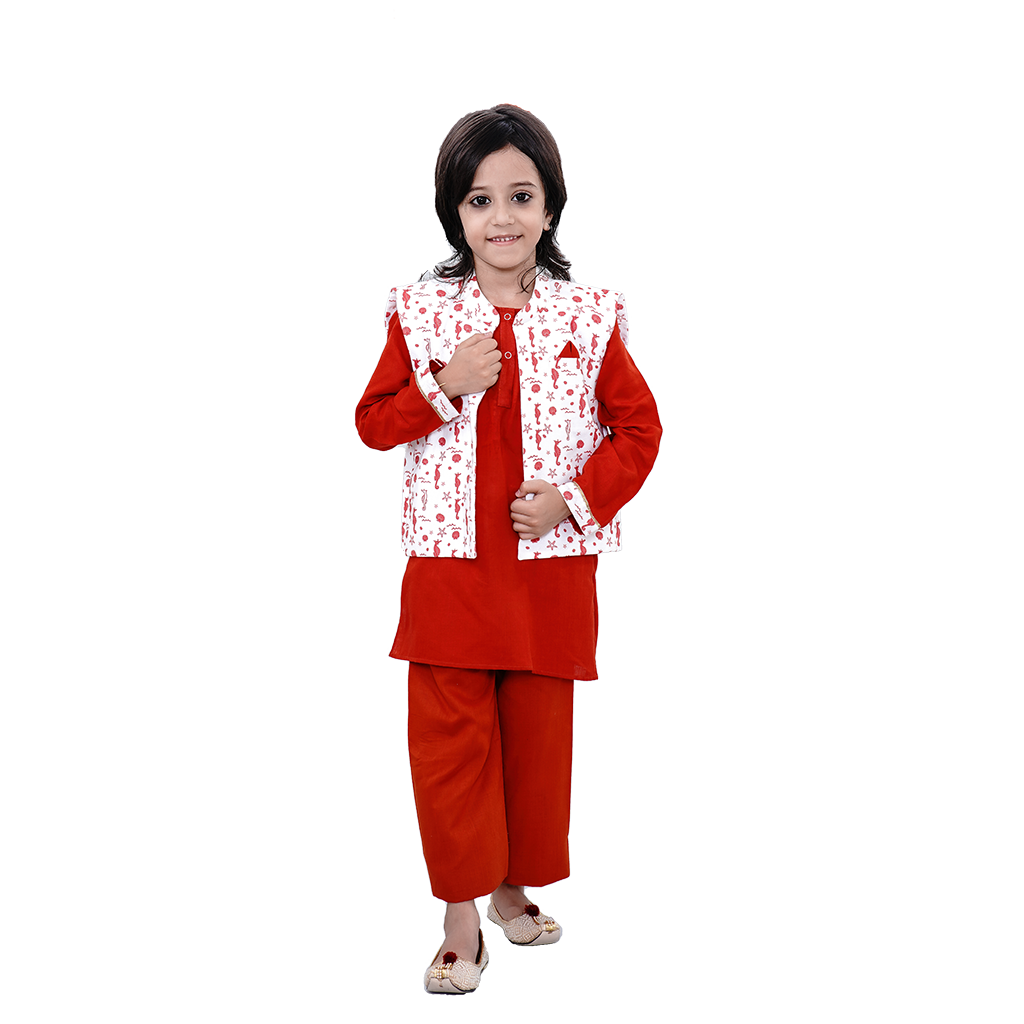 Pre Order: Sea Horse Printed Cotton Handloom Ethnic Jacket With Orange Kurta And Pyjama