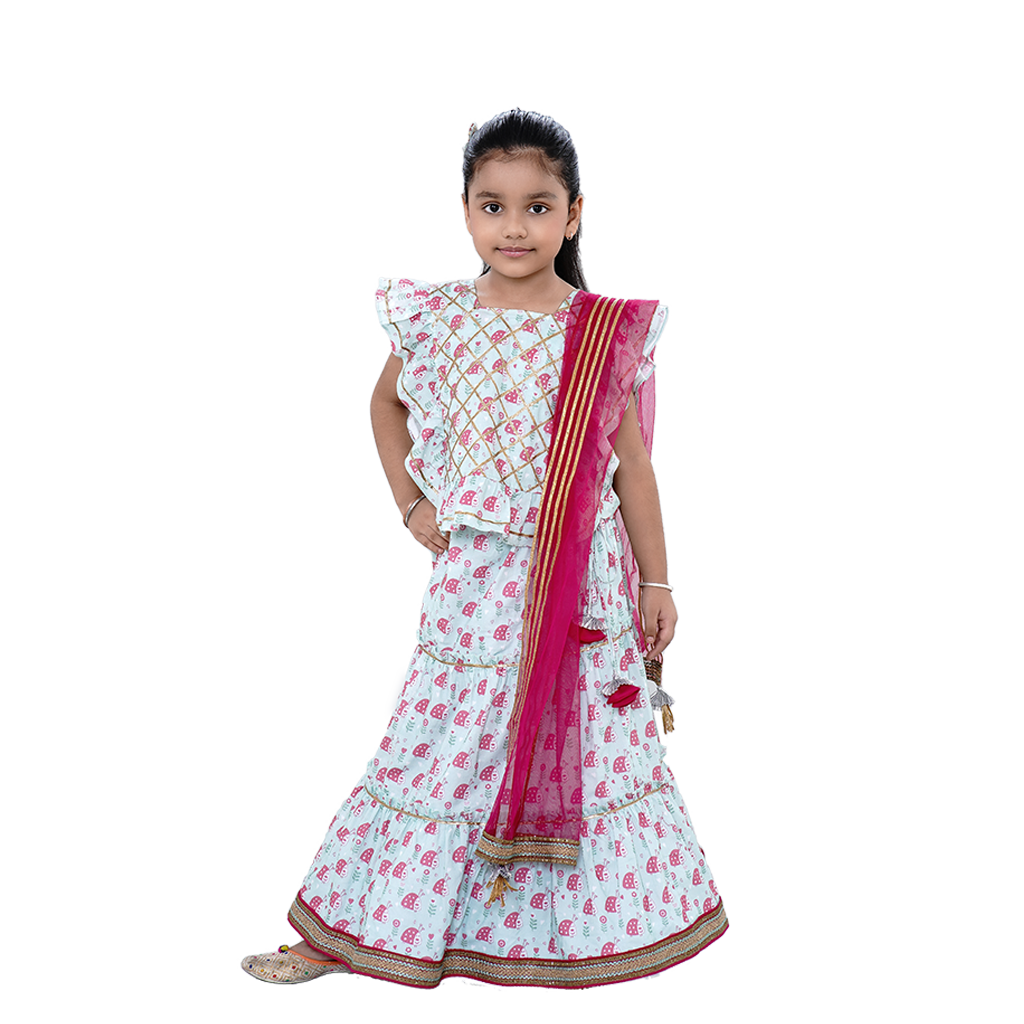Pre Order: Lady Bug Printed Teal Green Top And Lehenga With Contrasting Pink Dupatta
