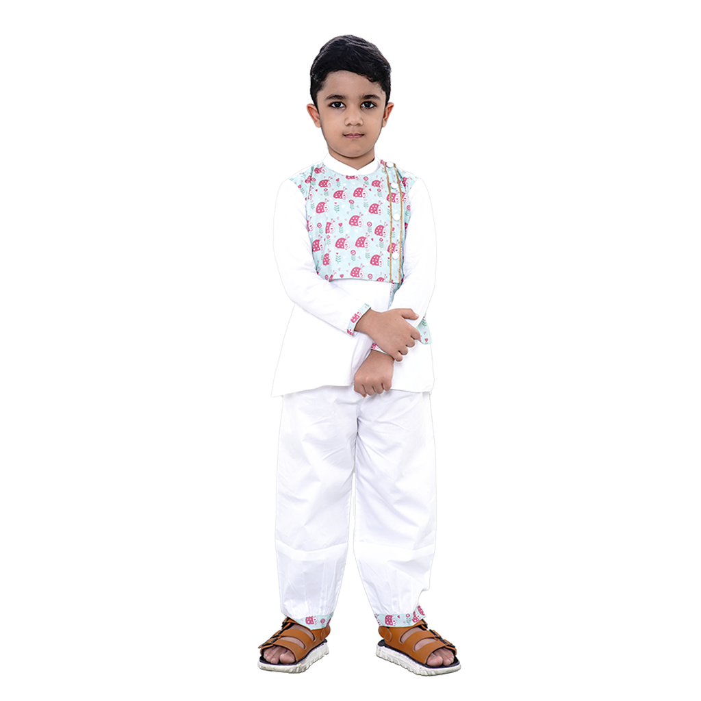Pre Order: Lady Bug Printed Jacket Attached With White Kurta and Pyjama