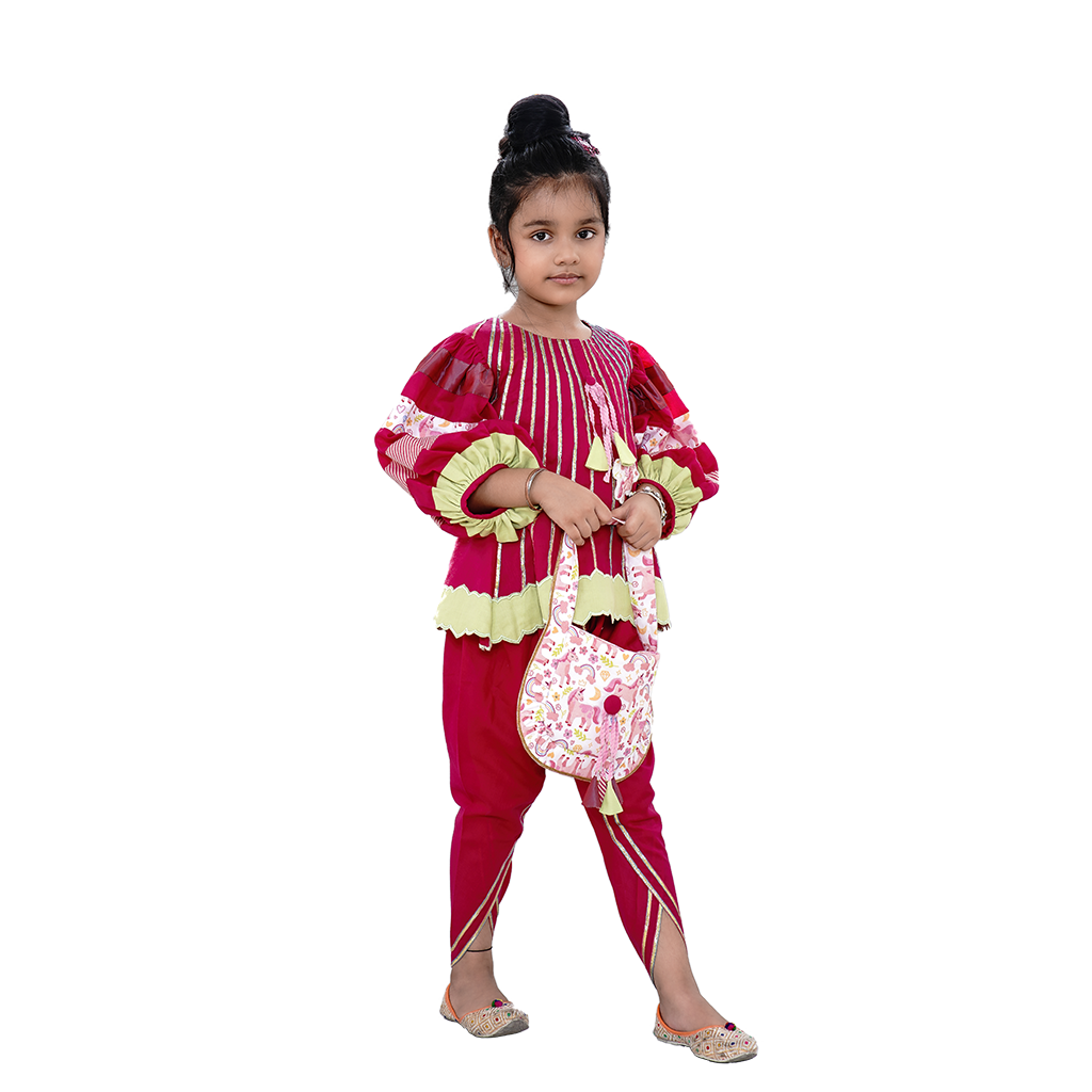 Pre Order: Unicorn Puffed Balloon Sleeves And Gota Stripes Flared  Pink Kurti With Tulip Dhoti and Unicorn Purse