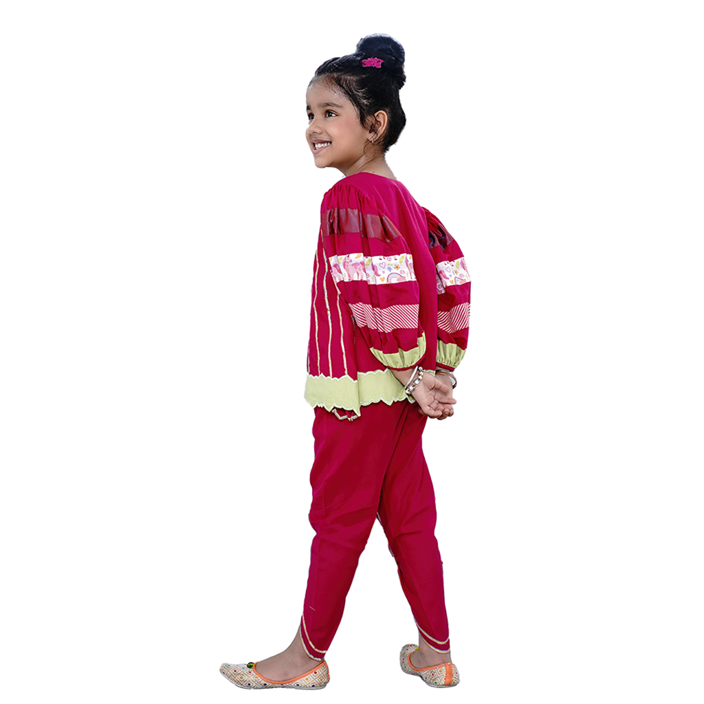 Pre Order: Unicorn Puffed Balloon Sleeves And Gota Stripes Flared  Pink Kurti With Tulip Dhoti and Unicorn Purse