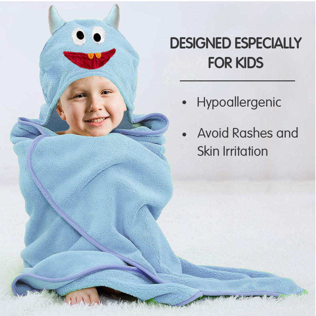 LITTLELAND Ultra Soft Premium Hooded Kids and Baby Bath Towel, 100% Cotton, 450 GSM (Blue, Monster)
