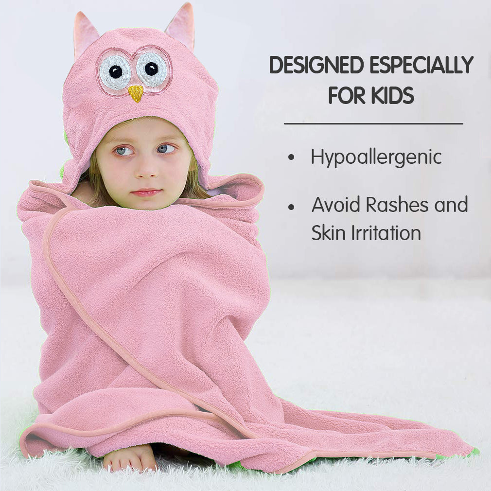 LITTLELAND Ultra Soft Premium Hooded Kids and Baby Bath Towel, 100% Cotton, 450 GSM,(Pink, Owl)