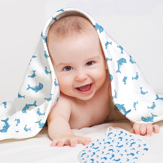littleland Organic Muslin Cotton Baby Swaddle Wrap Blanket and WashCloth Towel Combo Set | Swaddle Size 110 x 110 cm, Wash Cloth Size-30X30 cm | Newborn Baby Essentials (Dolphin, Blue)