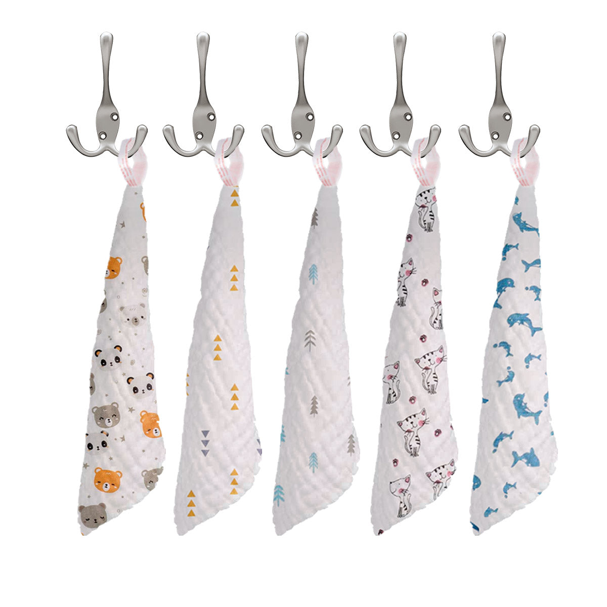 littleland GOTS Certified Organic Muslin Cotton Baby Washcloth - Pack of 5, (Animal)