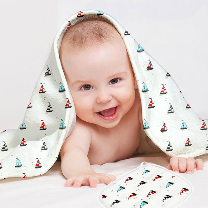 littleland Organic Muslin Cotton Baby Swaddle Wrap Blanket and WashCloth Towel Combo Set | Swaddle Size 110 x 110 cm, Wash Cloth Size-30X30 cm | Newborn Baby Essentials (Boat, Blue)