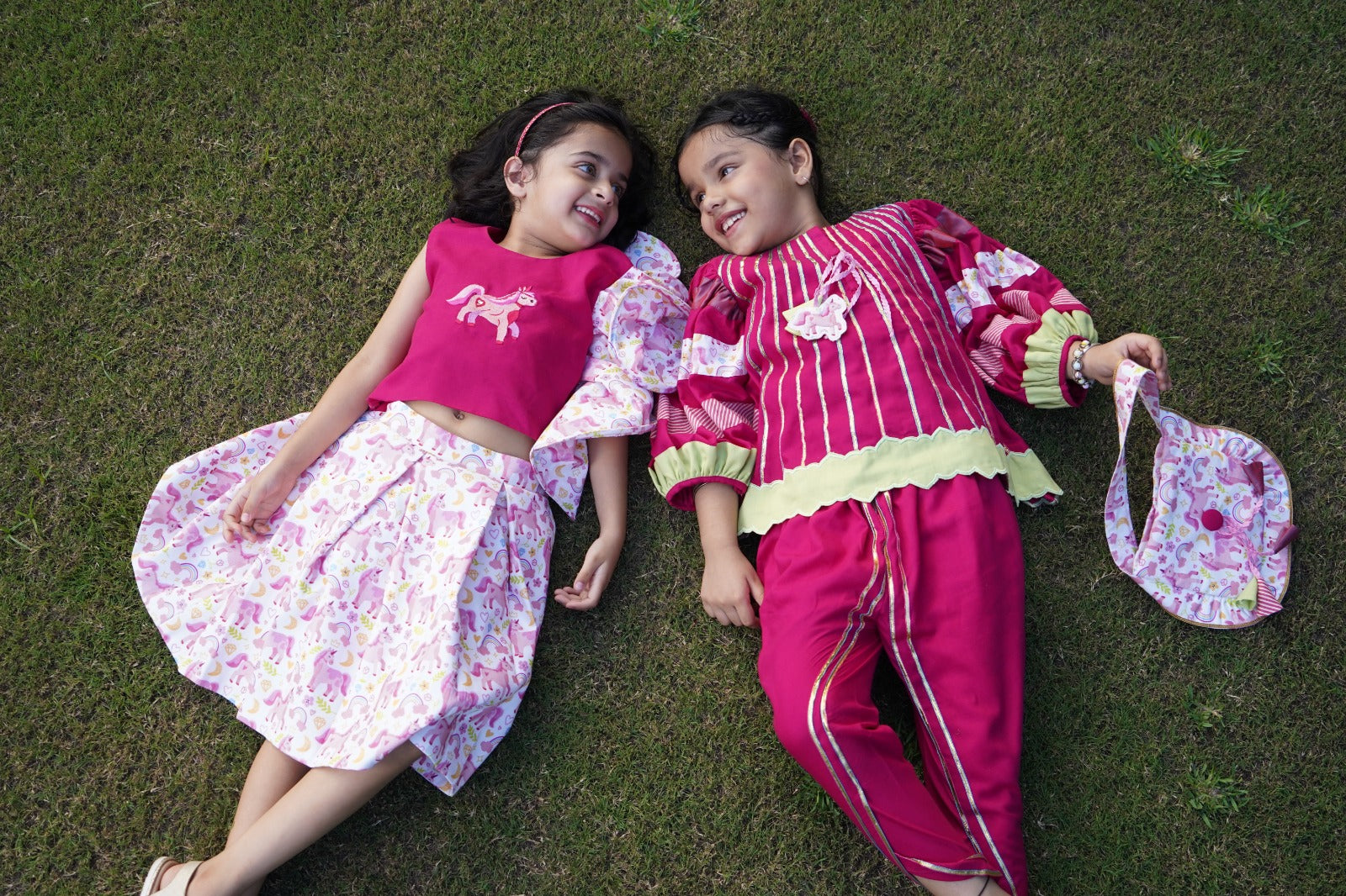 Pre Order: Unicorn Puffed Balloon Sleeves And Gota Stripes Flared  Pink Kurti With Tulip Dhoti and Unicorn Purse