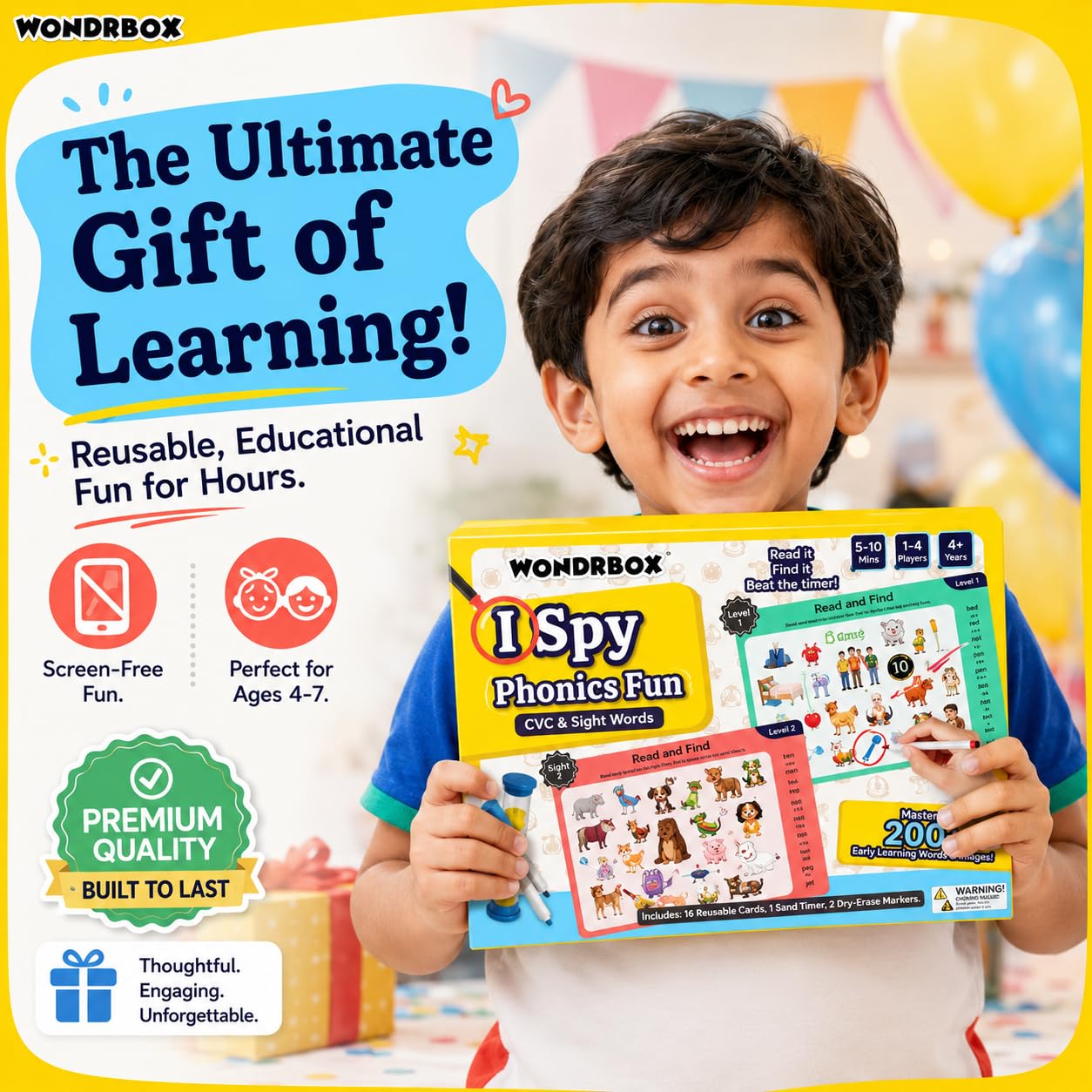 WONDRBOX I SPY Phonics Fun Board Game - CVC Words & Sight Words Reading Game for Kids 5 to 10 Years