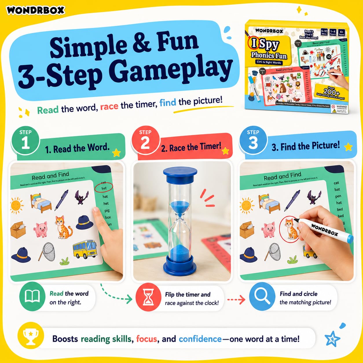 WONDRBOX I SPY Phonics Fun Board Game - CVC Words & Sight Words Reading Game for Kids 5 to 10 Years