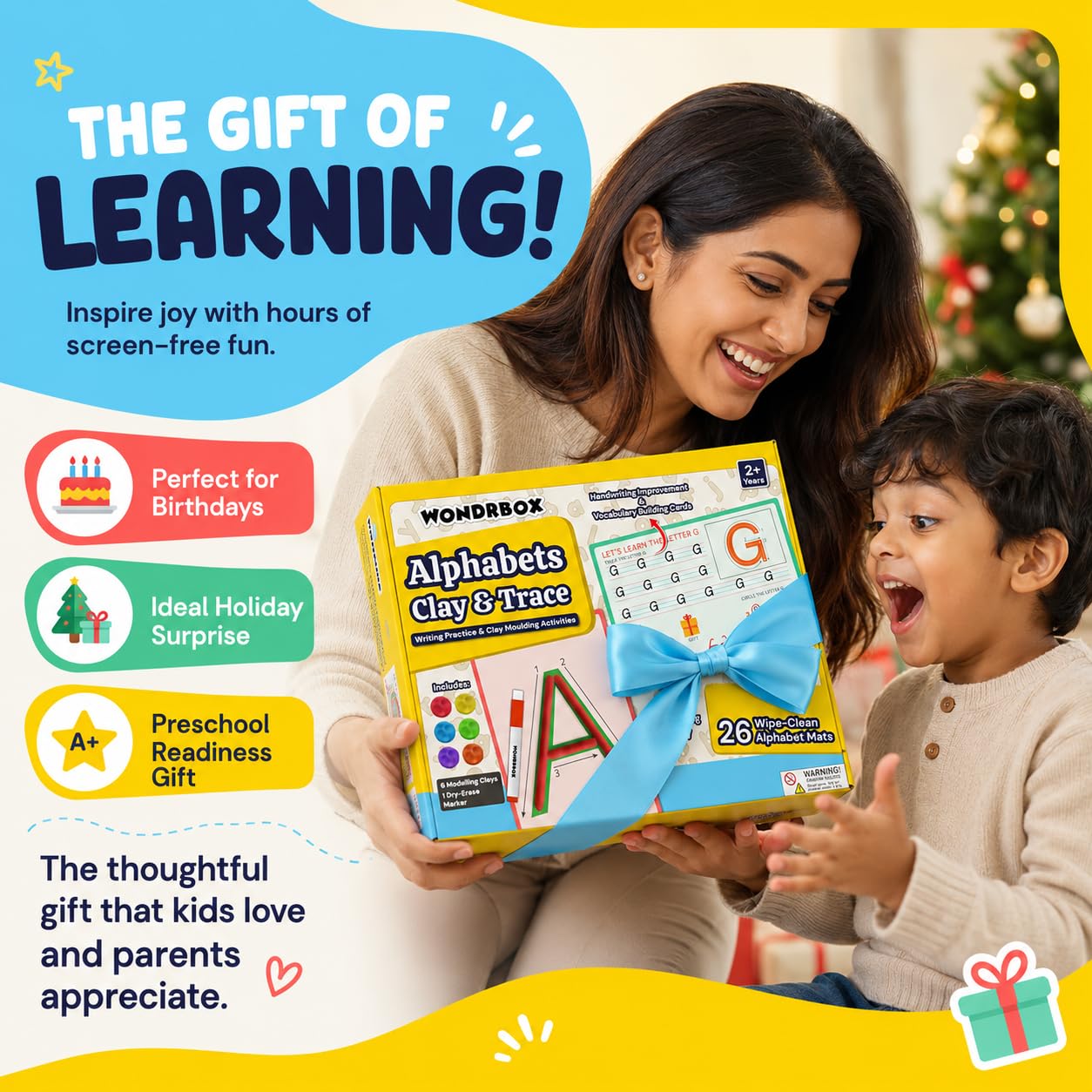 WONDRBOX Alphabet Clay and Trace Kit - 26 Reusable Wipe-Clean Letter Learning Mats with 6 Modelling Clays & Dry-Erase Marker