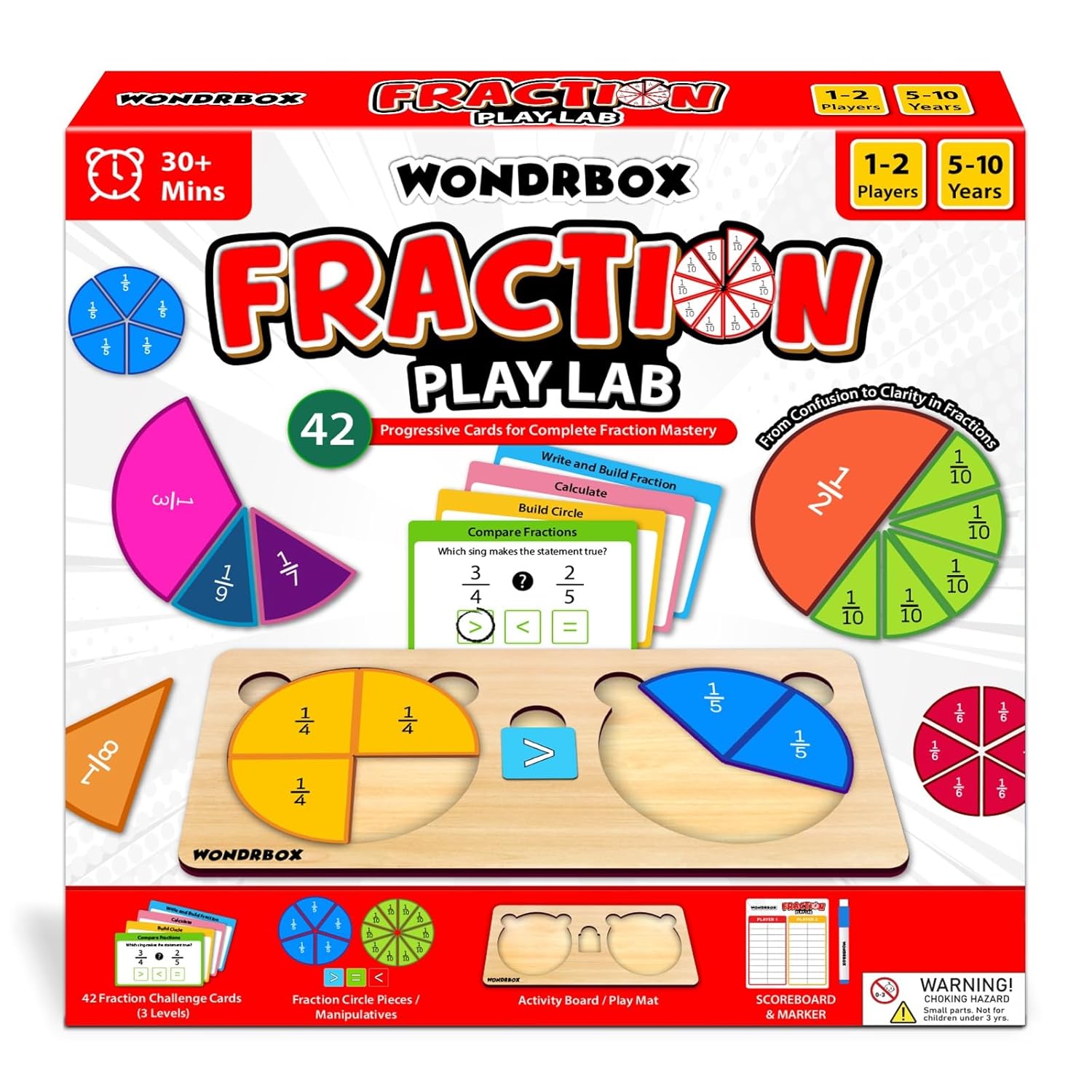 Fraction Play Lab Math Learning Game for Kids Ages 5-10 Years | Educational Board Game with 42 Progressive Cards & Activity Board