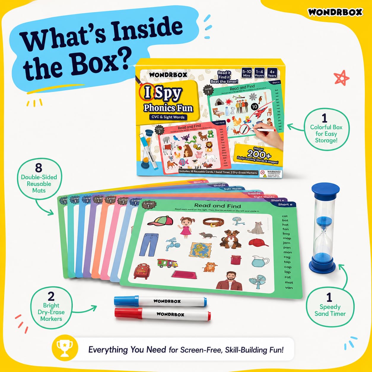 WONDRBOX I SPY Phonics Fun Board Game - CVC Words & Sight Words Reading Game for Kids 5 to 10 Years