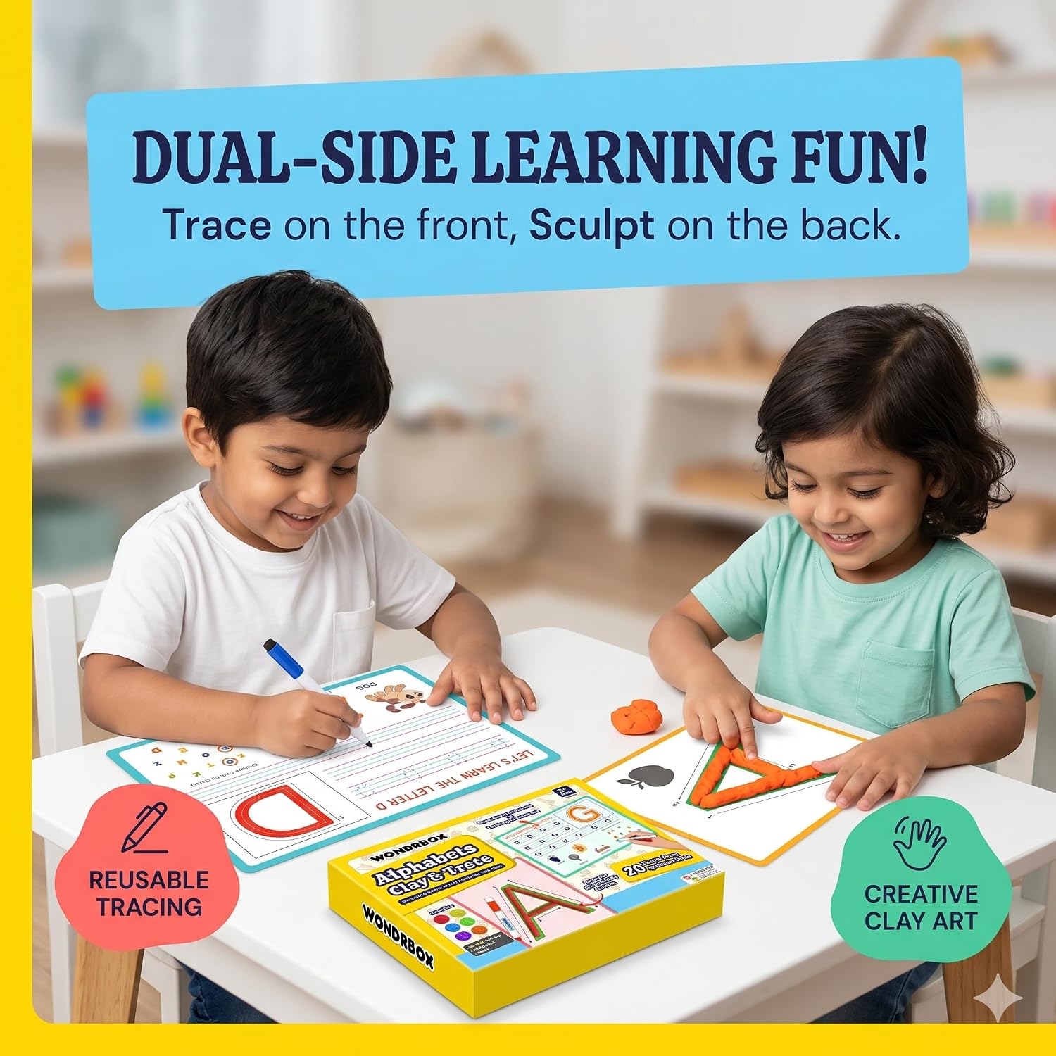 WONDRBOX Alphabet Clay and Trace Kit - 26 Reusable Wipe-Clean Letter Learning Mats with 6 Modelling Clays & Dry-Erase Marker