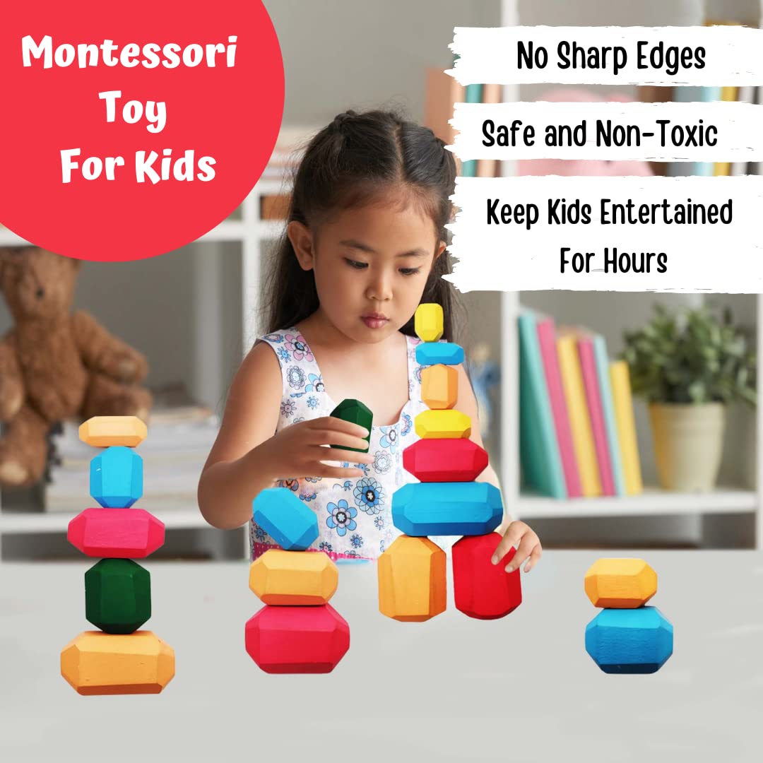 25 Pcs Wooden Sorting Stacking Rocks, Age 2+