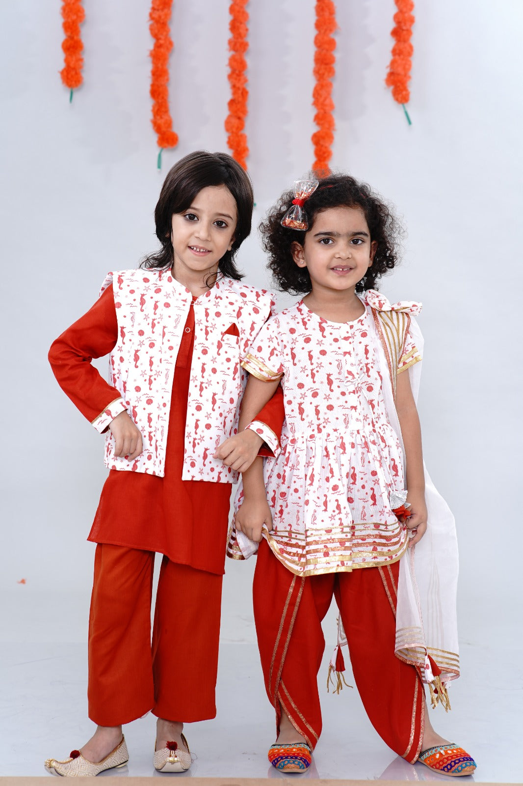 Pre Order: Sea Horse Printed Cotton Handloom Ethnic Jacket With Orange Kurta And Pyjama