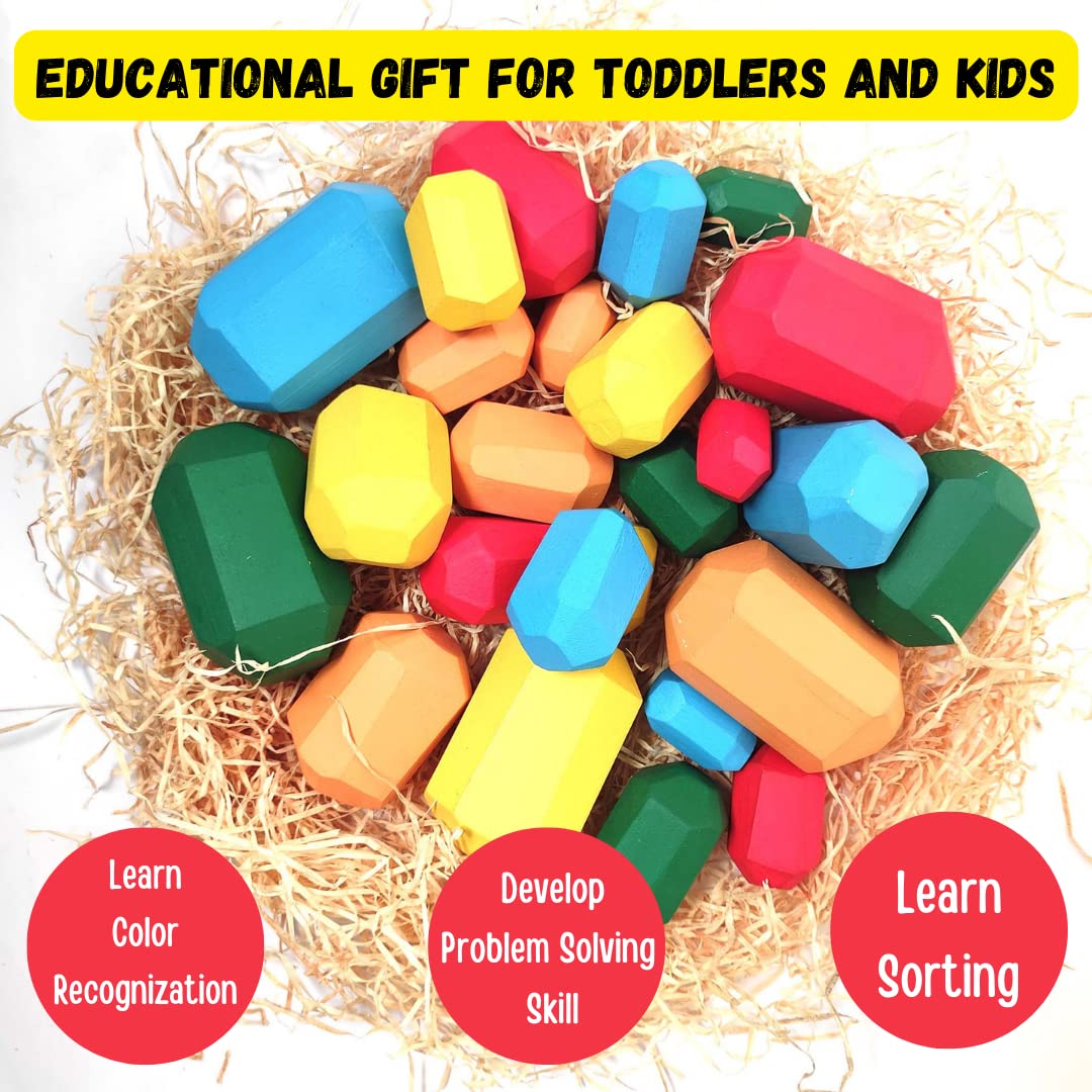 25 Pcs Wooden Sorting Stacking Rocks, Age 2+