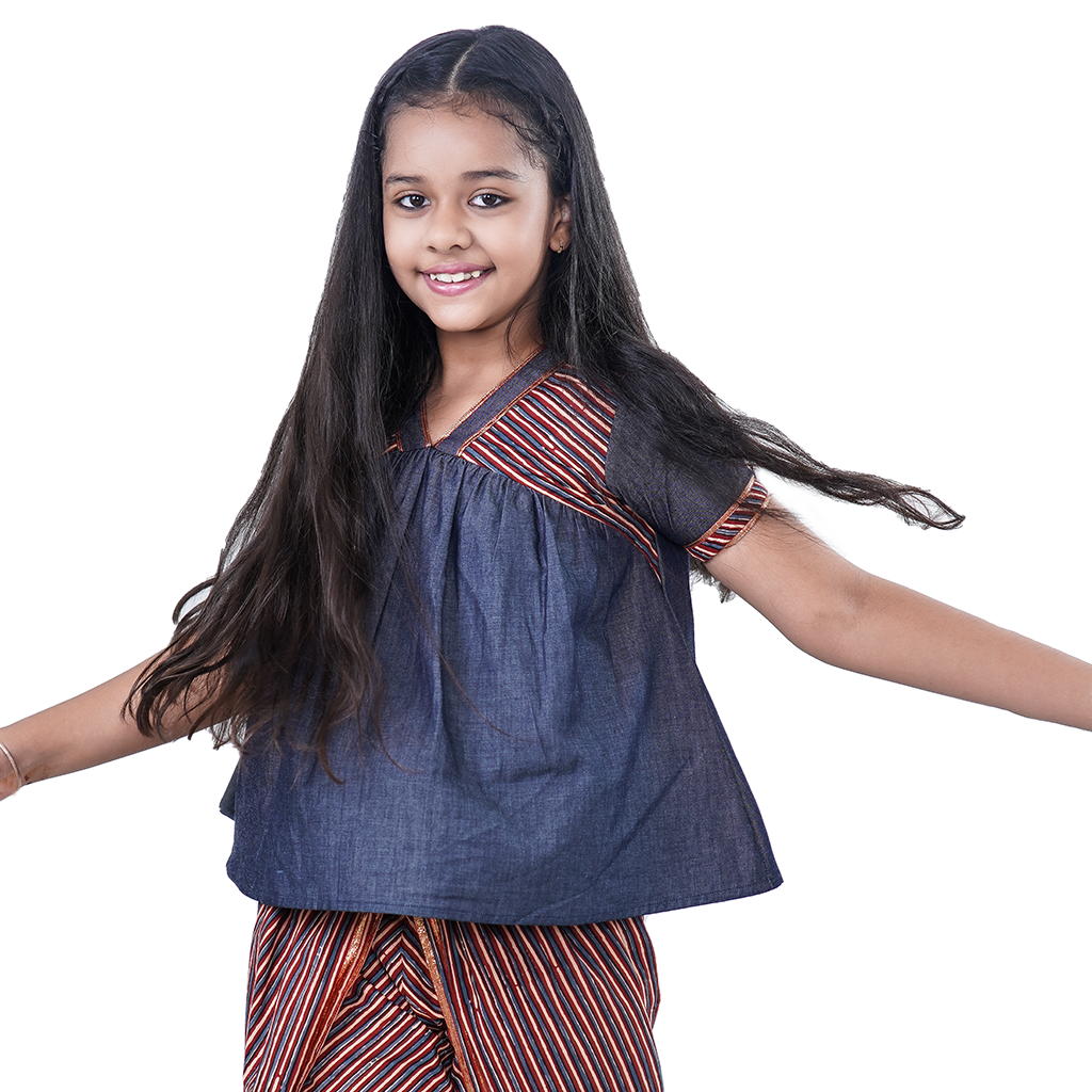 Pre Order: Denim Blue Printed Peplum Pure Cotton Kurti And Dhoti