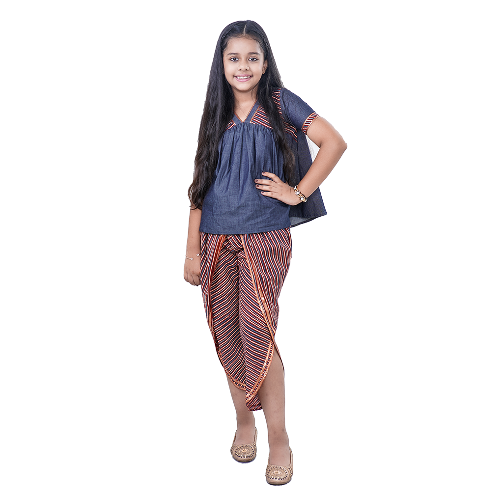 Pre Order: Denim Blue Printed Peplum Pure Cotton Kurti And Dhoti