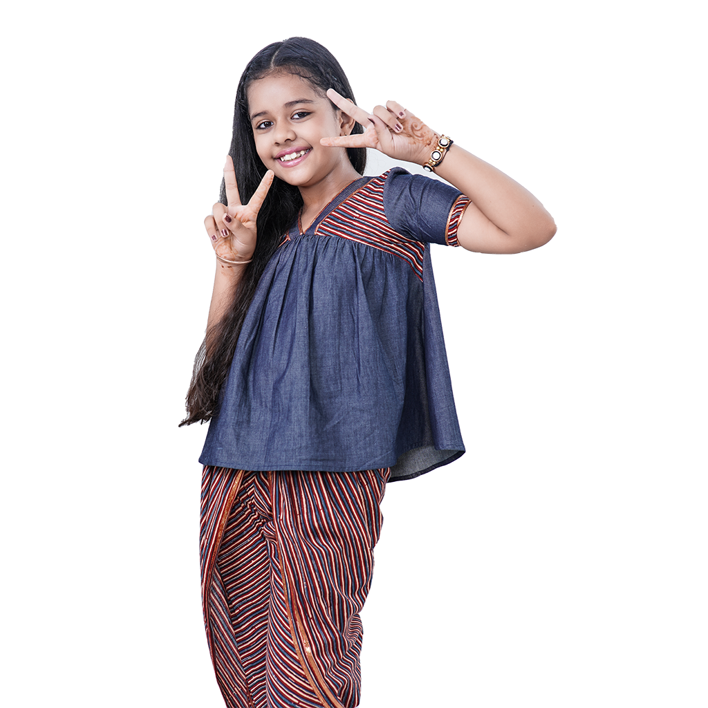 Pre Order: Denim Blue Printed Peplum Pure Cotton Kurti And Dhoti