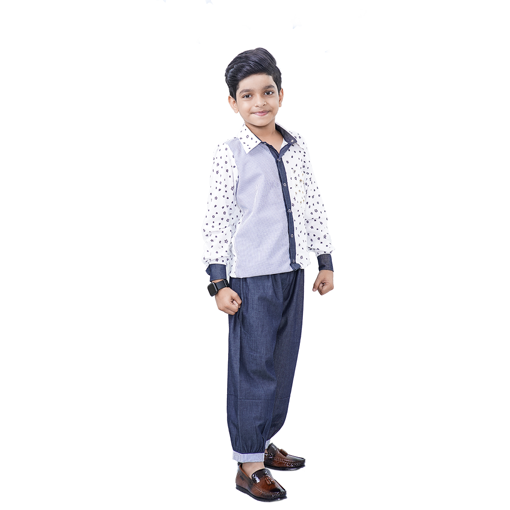 Pre Order: Star Printed Blue Pure Cotton Shirt and Blue Denim Pant