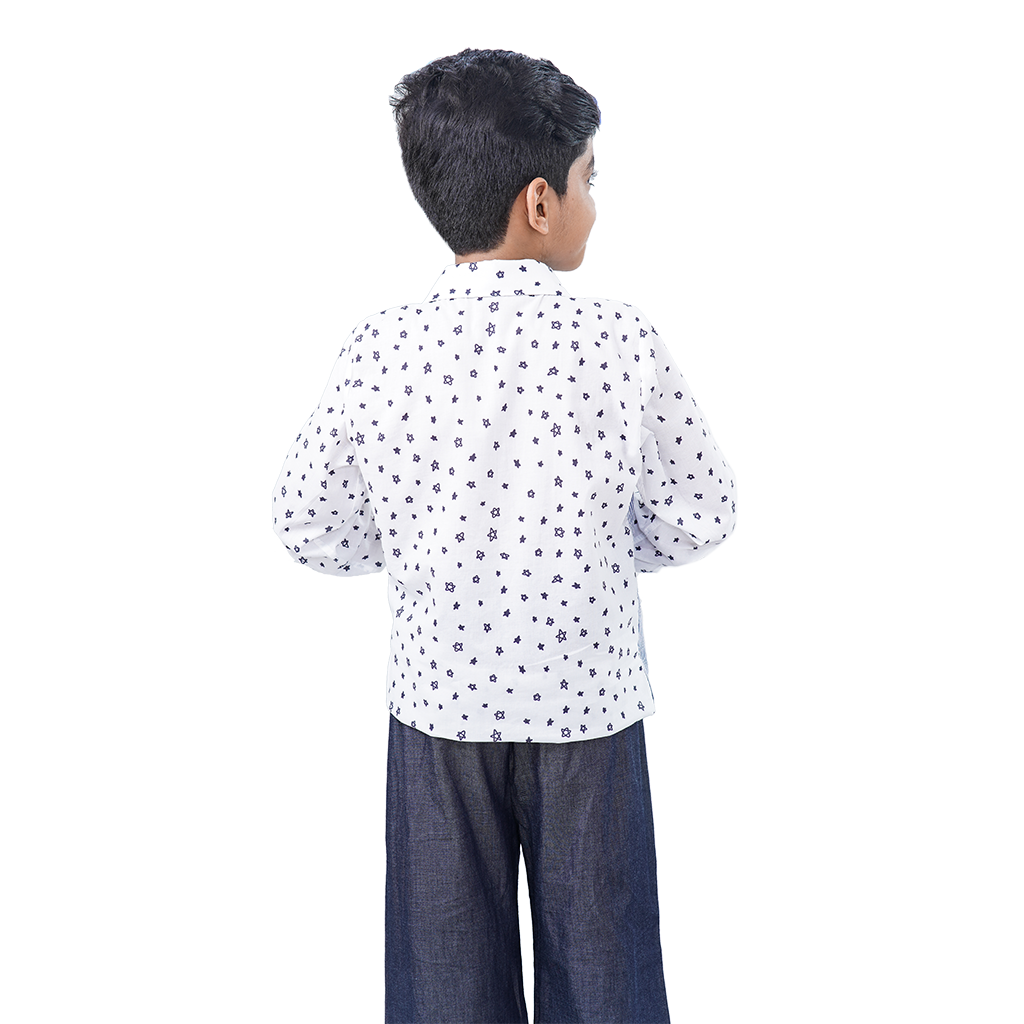 Pre Order: Star Printed Blue Pure Cotton Shirt and Blue Denim Pant