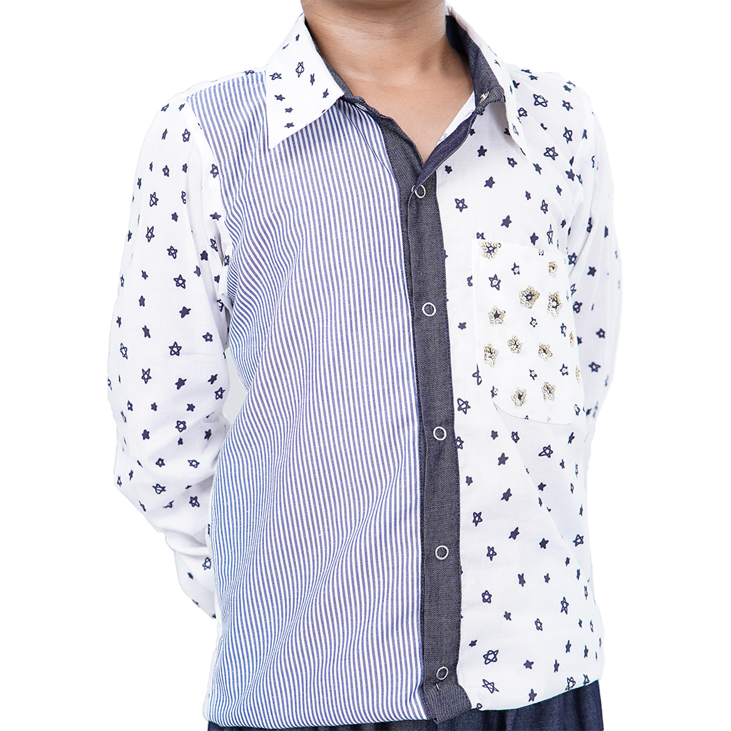 Pre Order: Star Printed Blue Pure Cotton Shirt and Blue Denim Pant