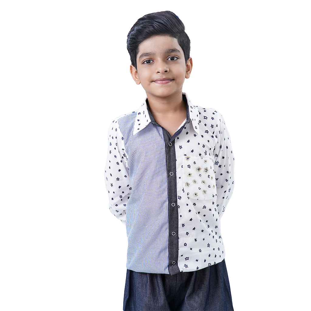 Pre Order: Star Printed Blue Pure Cotton Shirt and Blue Denim Pant