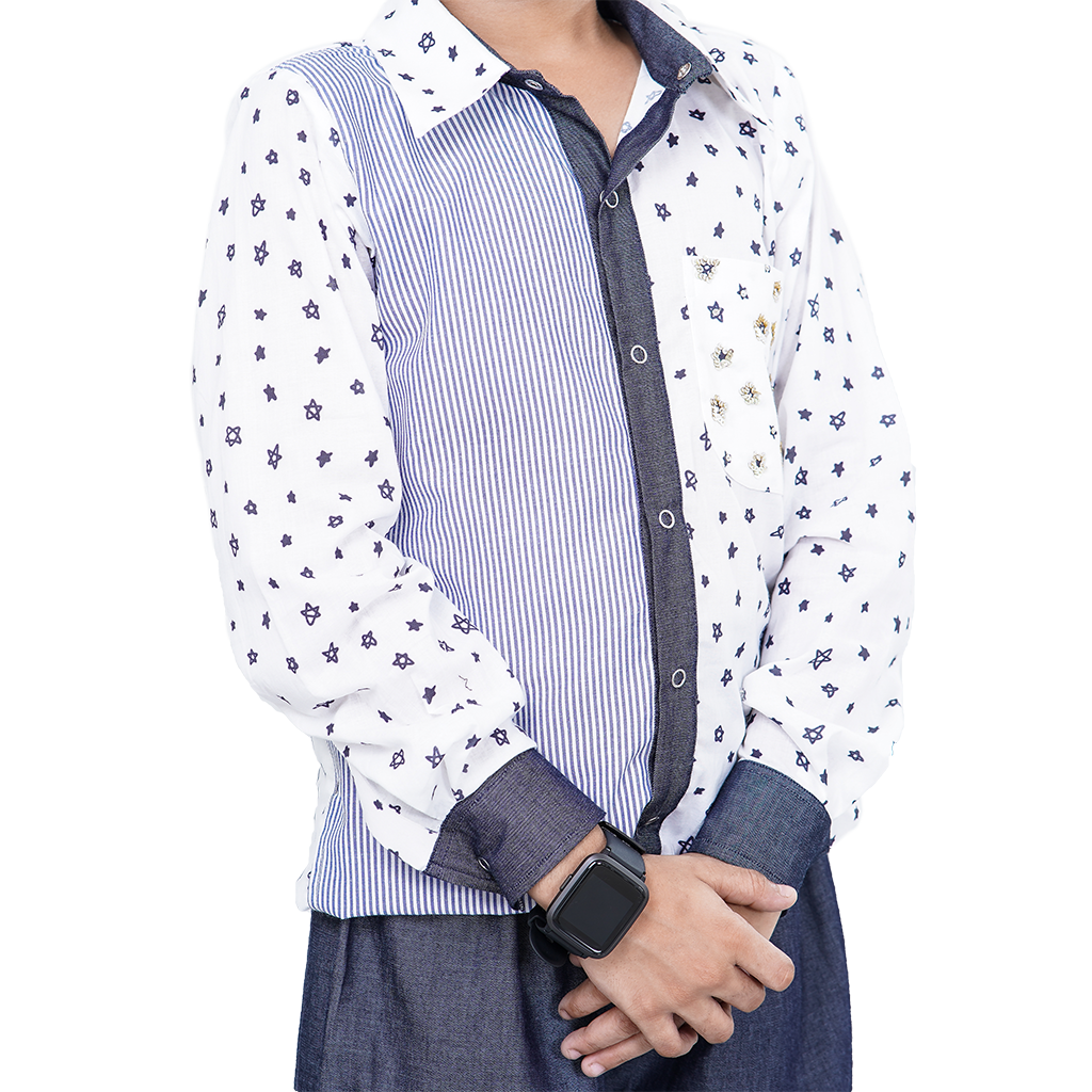Pre Order: Star Printed Blue Pure Cotton Shirt and Blue Denim Pant