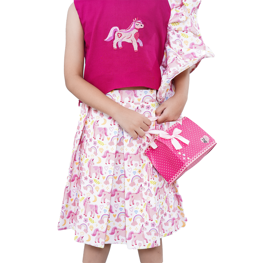 Pre Order: Unicorn Printed Asymmetric Pure Cotton Pink Top And Skirt