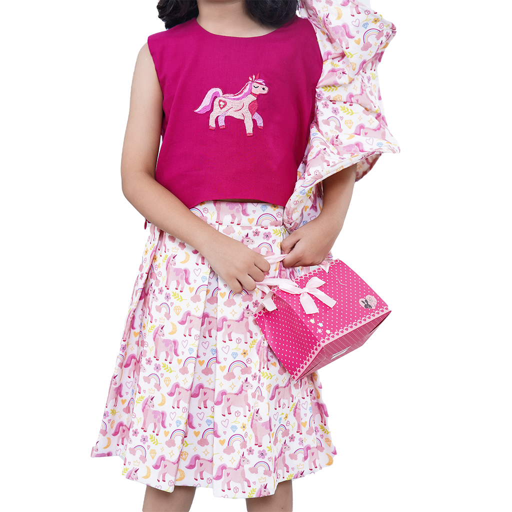 Pre Order: Unicorn Printed Asymmetric Pure Cotton Pink Top And Skirt