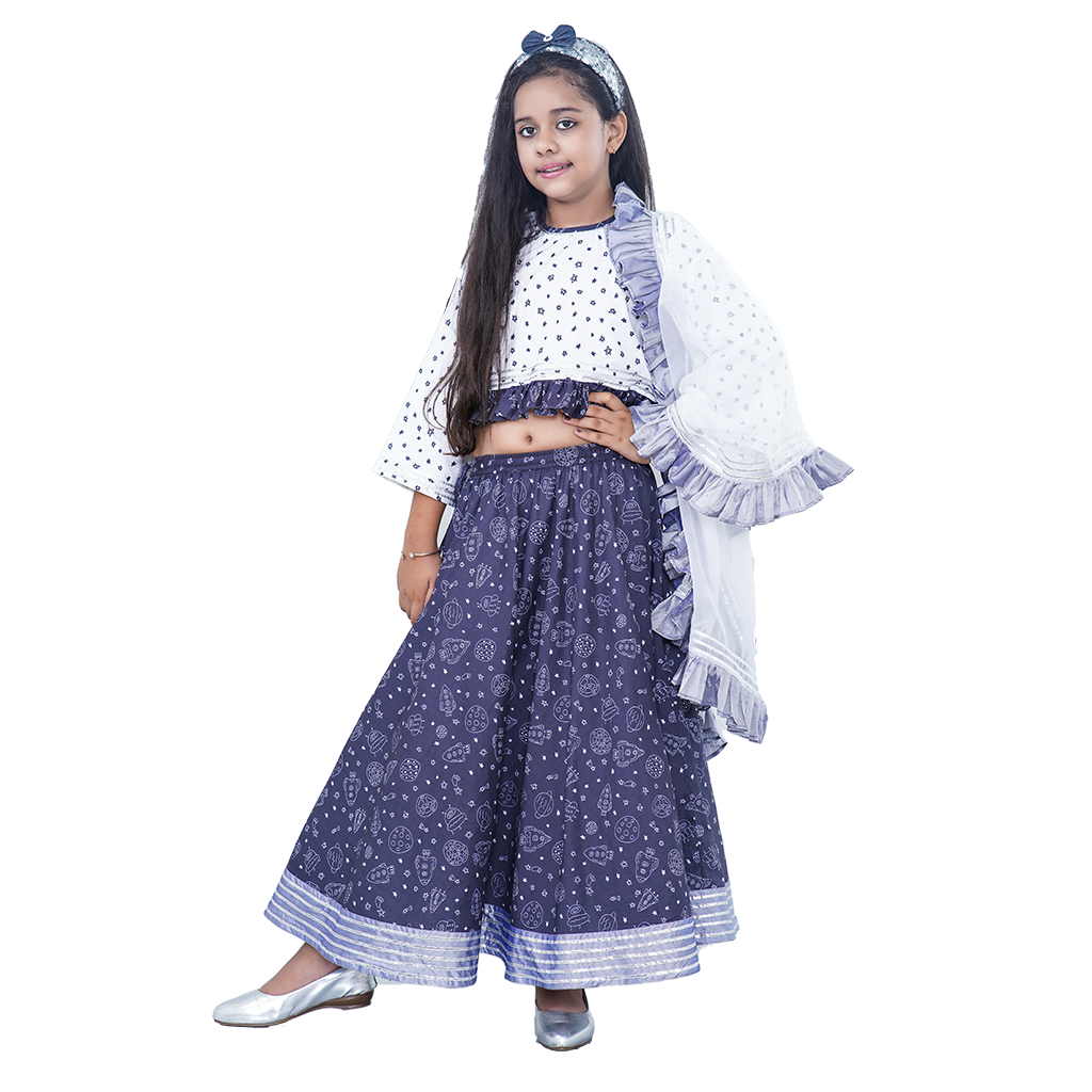 Pre Order: Star Printed White Cotton Top And Planets printed Lehenga With Matching Organza Dupatta And Sequin Hairband