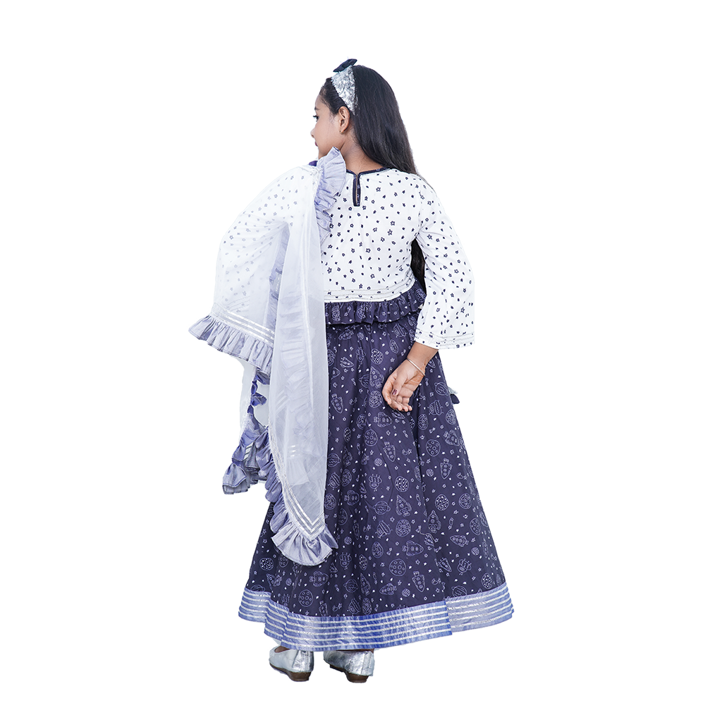 Pre Order: Star Printed White Cotton Top And Planets printed Lehenga With Matching Organza Dupatta And Sequin Hairband