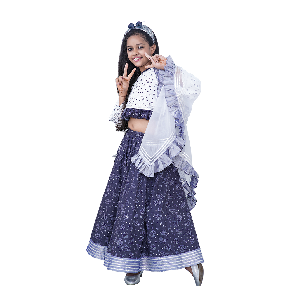 Pre Order: Star Printed White Cotton Top And Planets printed Lehenga With Matching Organza Dupatta And Sequin Hairband