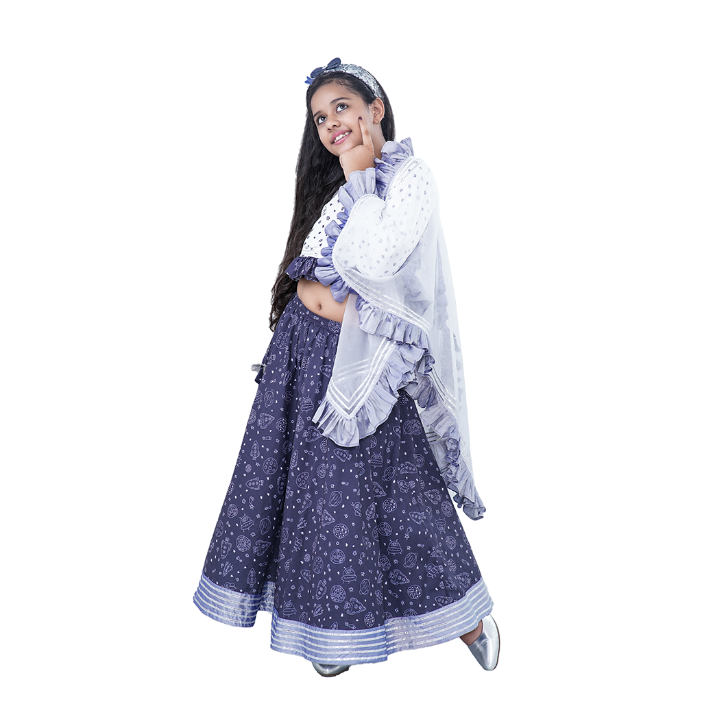Pre Order: Star Printed White Cotton Top And Planets printed Lehenga With Matching Organza Dupatta And Sequin Hairband