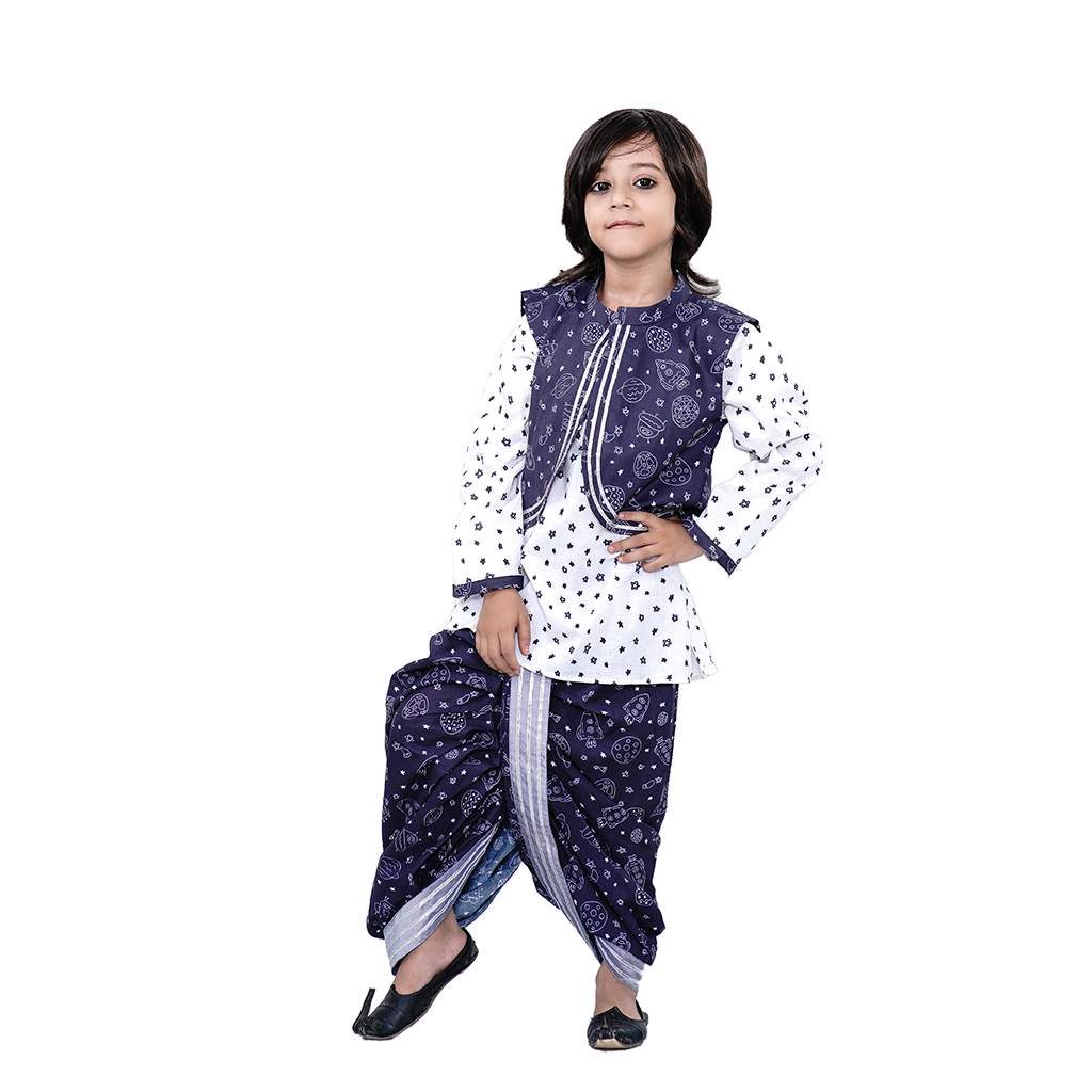 Pre Order: Cute Blue Solar Jacket With Kurta And Dhoti