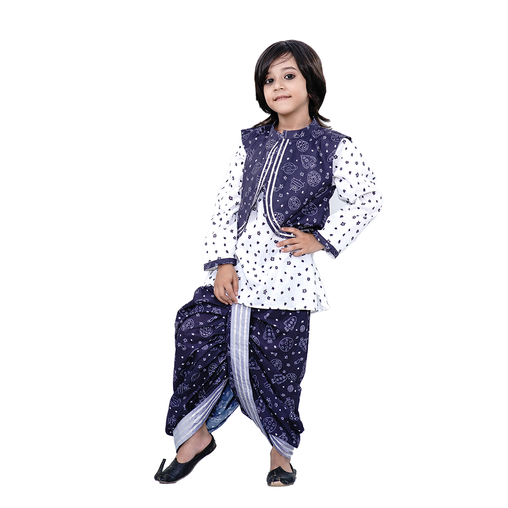 Pre Order: Cute Blue Solar Jacket With Kurta And Dhoti