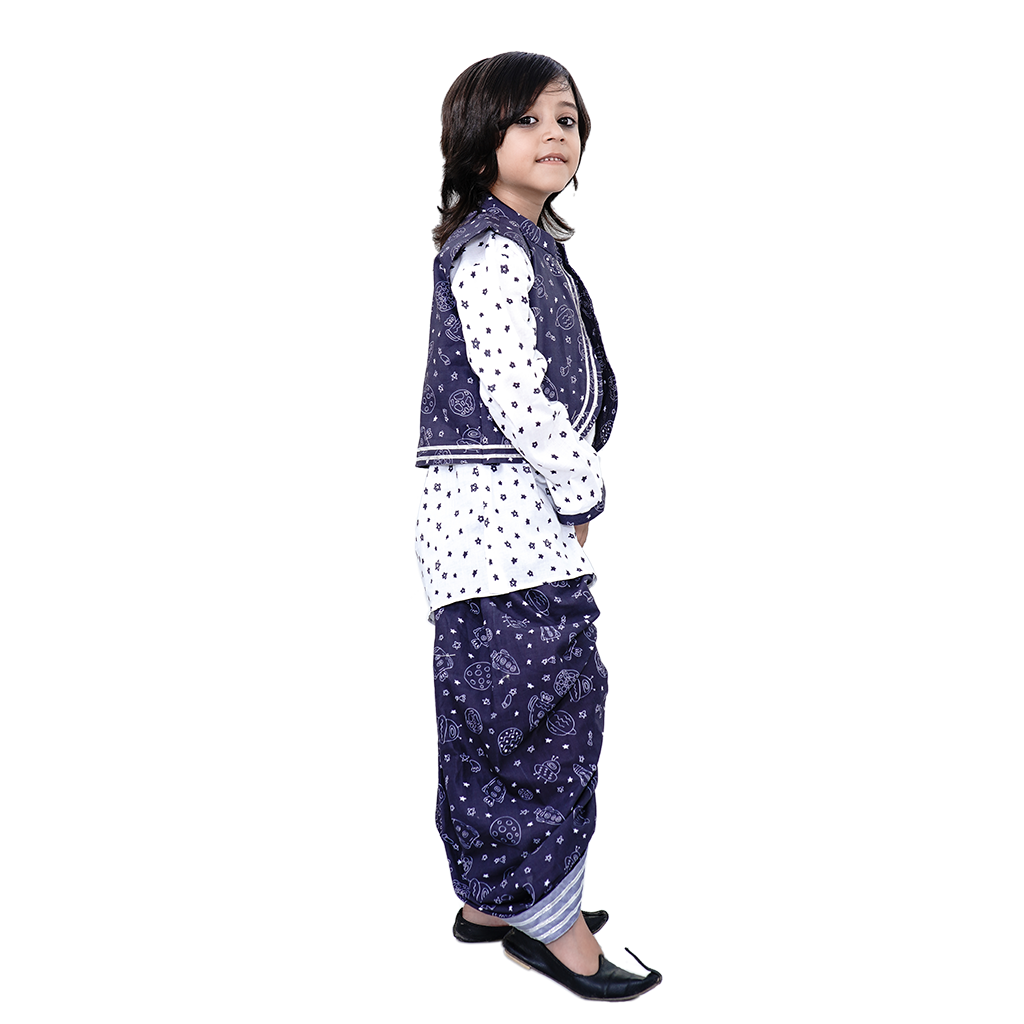 Pre Order: Cute Blue Solar Jacket With Kurta And Dhoti