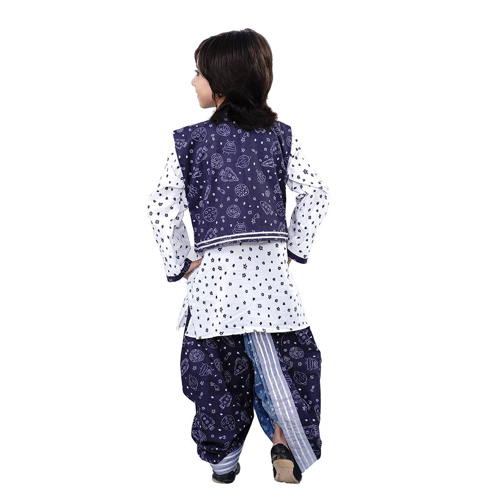Pre Order: Cute Blue Solar Jacket With Kurta And Dhoti