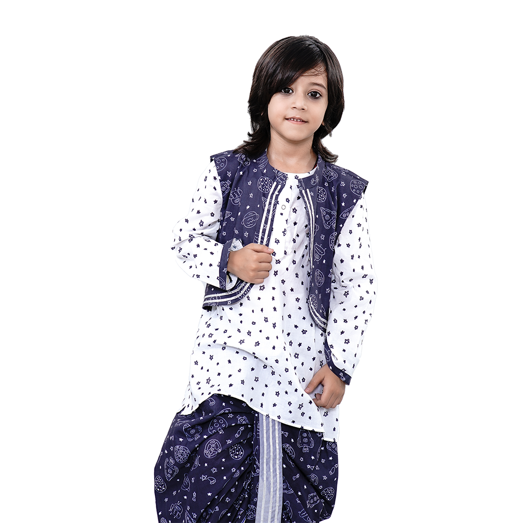 Pre Order: Cute Blue Solar Jacket With Kurta And Dhoti